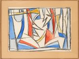 une image représentant un tableau d'une femme vêtue d'une robe rouge et bleue
