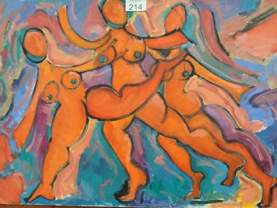 a painting of a group of people dancing together