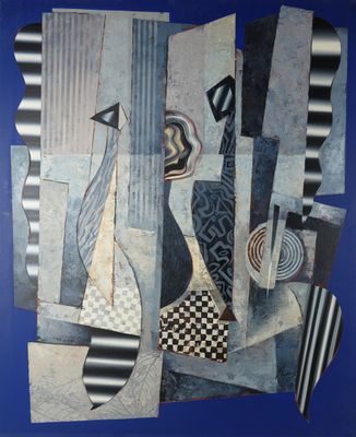 une image représentant un tableau sur fond bleu, avec un sol à carreaux noirs et blancs