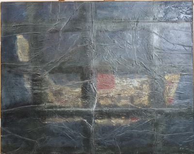 a painting on the wall of a building that has a train on it