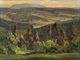 an oil painting of a view of a valley with a mountain in the distance