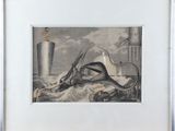 tableau représentant une nature morte avec un bateau, un vase et d'autres objets