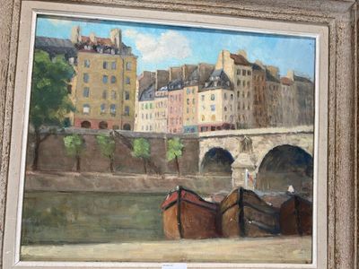 un tableau représentant des bateaux sur l'eau, devant des bâtiments