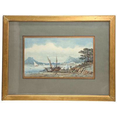 framed picture of a painting of a boat on a body of water with a mountain in the background