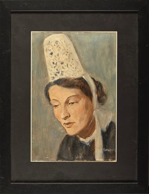 tableau représentant une femme coiffée d'un chapeau blanc