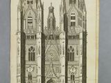 an old drawing of a gothic cathedral with a clock tower