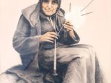 painting of an old woman sitting on a rock holding a stick