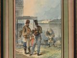tableau représentant deux hommes debout l'un à côté de l'autre devant un plan d'eau