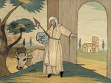painting of a man with a goat and a bird in a field