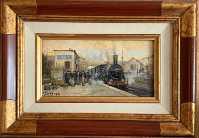 une photo d'un tableau représentant un train qui arrive sur les rails