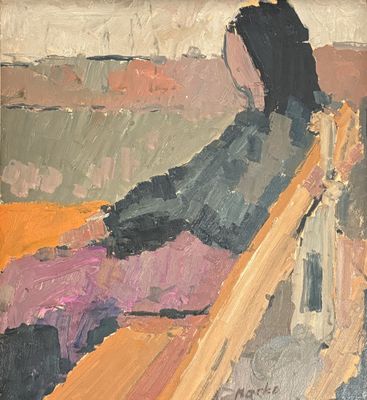 an oil painting of a woman sitting on a bench looking out over the water