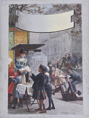 tableau représentant une scène de rue où un homme tend de la nourriture à une femme