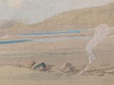 a painting of a man riding a horse in the desert