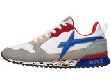 a picture of a white and blue sneaker with red and blue accents