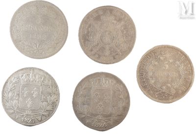 six silver coins of different sizes and shapes on a white background