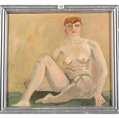 une peinture à l'huile représentant une femme nue assise par terre