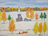 an oil painting of a farm scene with a horse drawn sleigh in the foreground