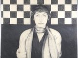 drawing of a woman sitting on a bench in front of a black and white checkered wall