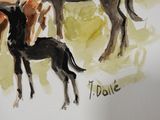 a painting of two horses and a foal in a field