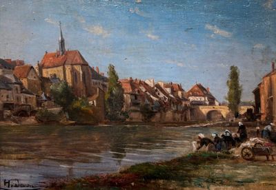 Ecole XIXème. Les lavandières. Huile panneau. - Photo 1