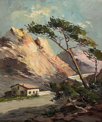 une peinture à l'huile représentant un paysage de montagne avec une maison au premier plan