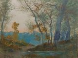 peinture représentant un paysage boisé avec un ruisseau et des arbres