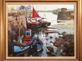 a painting of boats docked in a harbor on the water