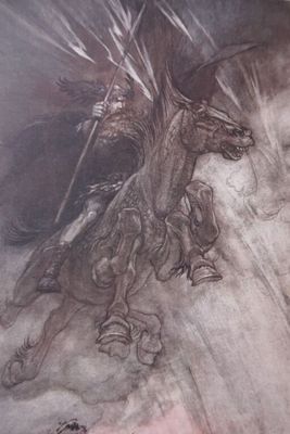 drawing of a man riding a horse with a dragon on its back