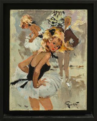 une peinture à l'huile représentant une femme en robe blanche et un homme en costume noir