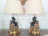 deux lampes posées sur une table, avec un miroir en arrière-plan