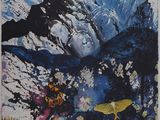 an image of a painting of a mountain with flowers in the foreground