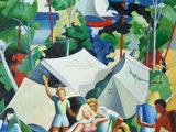 tableau représentant un groupe de personnes dans un parc, avec des tentes et des parasols