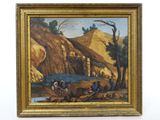 une peinture à l'huile représentant un paysage avec des personnes à cheval et une rivière au premier plan