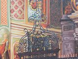 a painting of a woman sitting on a bench in front of a church