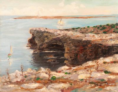 an oil painting of a rocky shore with a sailboat in the distance