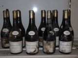 Plusieurs bouteilles de vin sont alignées sur une étagère devant un réfrigérateur