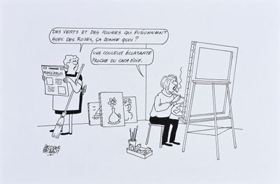 dessin humoristique représentant un homme et une femme devant un chevalet