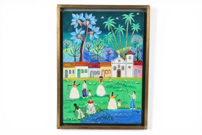 painting of a painting of people in a field with palm trees and a house in the background