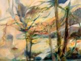 painting of a landscape with trees and mountains in the background