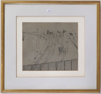 drawing of a train track in a frame with a sign on it