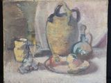 un tableau représentant un vase et d'autres objets posés sur une table