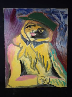un tableau représentant un chat portant un chapeau et une veste jaune