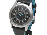 an image of a wrist watch with a black dial and blue hands
