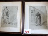 deux dessins encadrés représentant un homme et une femme debout l'un à côté de l'autre