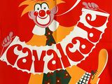 a red poster with a clown in a top hat and tie