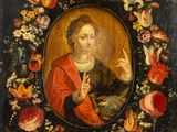un tableau représentant un homme avec une couronne de fleurs devant lui