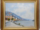 une peinture à l'huile représentant une vue d'une ville au bord de l'eau