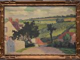 an image of a painting of a country road with houses in the background