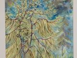 aquarelle représentant un arbre dans un champ, avec un oiseau dans le ciel
