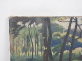 an oil painting of a forest scene with trees and a bench